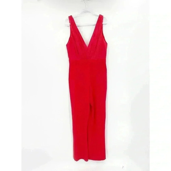 Alice + Olivia Gale Deep V-Neck Sleeveless Wide Leg Red Crepe Jumpsuit Size 2 - Picture 3 of 8